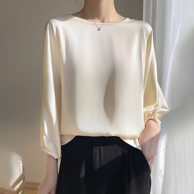 2023 Spring/Summer Round Neck 3/4 Sleeve Solid Loose And Versatile Silk And Satin Fabric Temperament Women's Top Short Sleeve