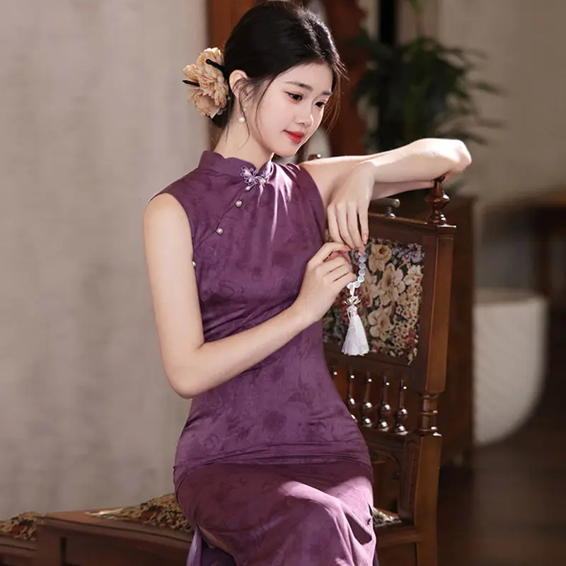 

Новое фиолетовое длинное ципао без рукавов в китайском стиле, улучшенная модель для молодых женщин, лето 2026