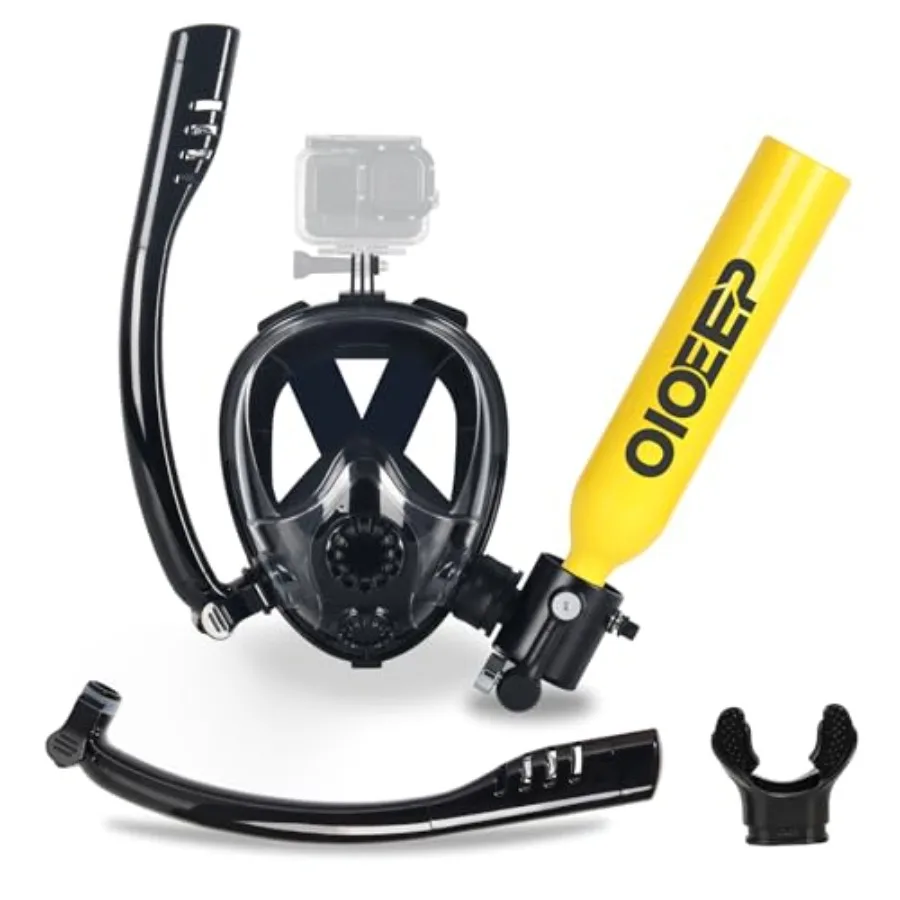 

Recreational diving: aluminum mini scuba tank with sub-mask black 0.5L portable lung tank with mouthpiece for underwater breath