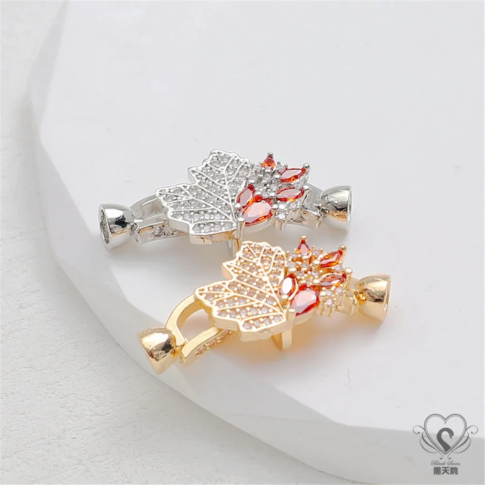 14K Gold-Plated Zircon Maple Leaf Double Buckle Head Link Bracelet Necklace, Handmade DIY Jewelry Accessories