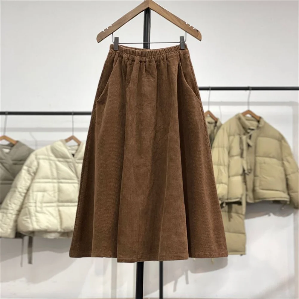 Vintage Cord-Midirock für Damen, mit elastischem Bund, A-Linie, brauner Rock mit Taschen, Herbst/Winter, lässiger Vintage-Langrock für Frauen – Detail 1