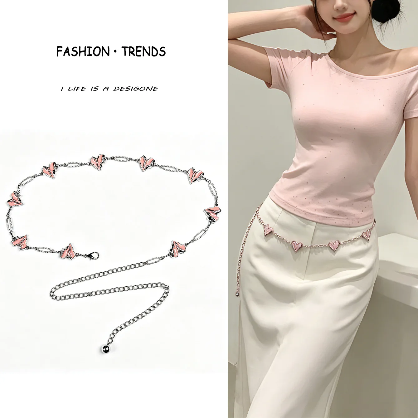 Enamel Heart Waist Chain Belt Women Silver Pink Charm Dual Chain Ball Charm For Dress Skirt Y2K Edgy Glam 2026 New