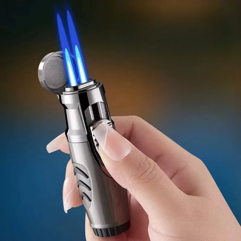 Metal Double Jet Blue Flame Brave Firepower Butane Gas Torch Lighter Visible Gas Window Outdoor Portable Cigar Lighters Smoking