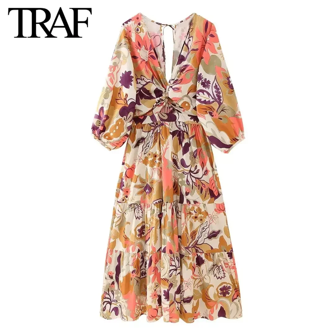 TRAF Women Fashion Spring Vintage Printed Poplin Long Dresses V-Neck midi  French Elegant Chic Female Evening Clothing