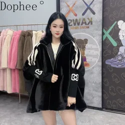 2024 New Autumn Winter Imitation Mink Fur Overcoat All-match Stand Collar Loose Zip Cardigans Coat Knitted Batwing Sleeve Jacket