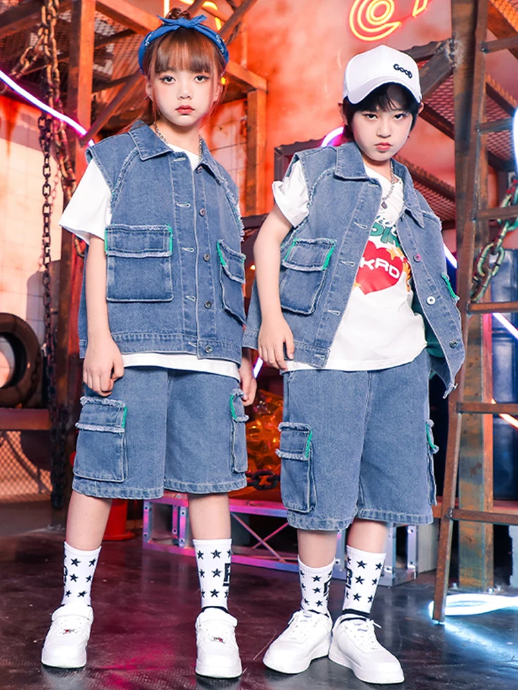 

2023 Street Dance Kids Costume Denim Vest Shorts T Shirt Boys Hip Hop Outfits Girls Jazz Performance Clothes Summer Suit BL10991