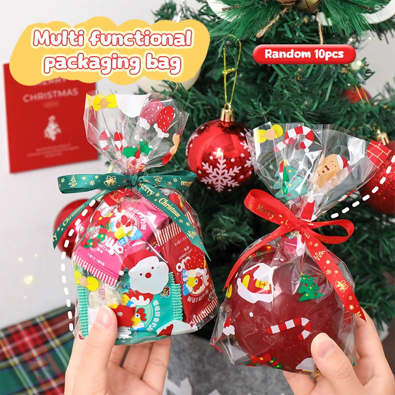 10 pezzi sacchetto regalo di buon Natale cartone animato simpatico Babbo Natale pupazzo di neve modello regalo tasca piatta sacchetto di imballaggio di caramelle trasparente