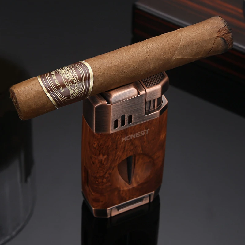 Briquet à cigare coupe-vent à double flamme jet de butane avec coupe-cigare intégré, torche rechargeable durable pour l'allumage de cigares et de pipes en extérieur