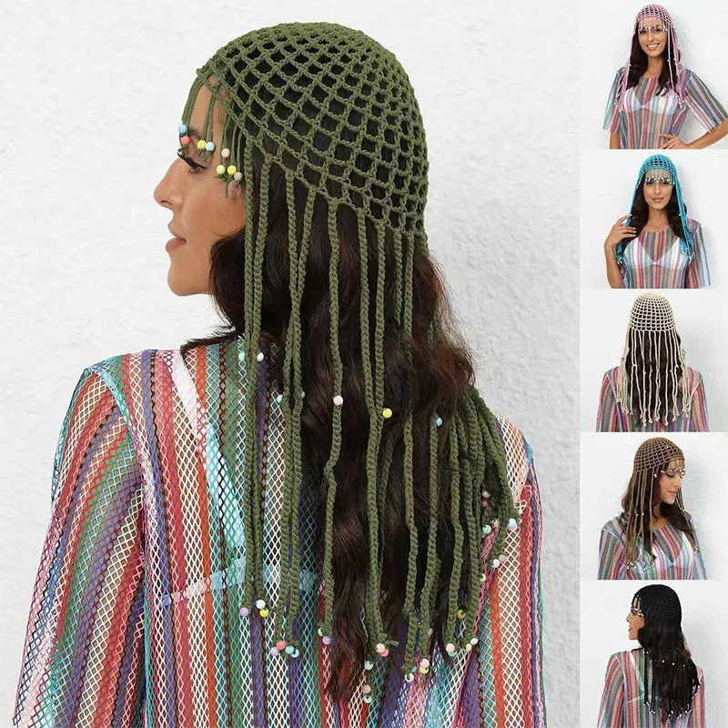 chapeu-de-croche-estilo-Etnico-com-franjas-para-praia-faixa-de-cabelo-com-franjas-e-micangas-acessorio-de-cabelo-estilo-boemio-look-moderno-﻿