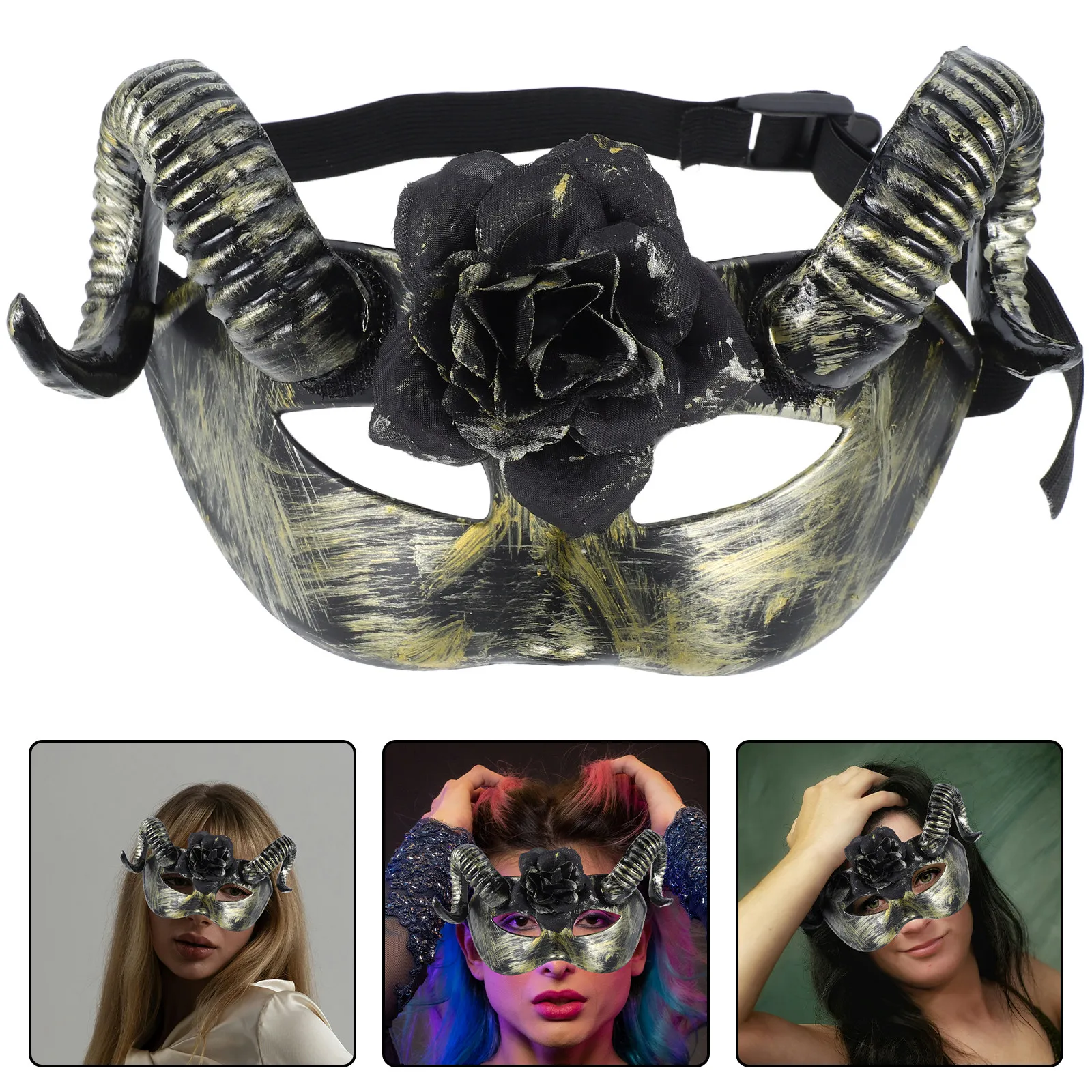 Devilish Half Face Mask with Detachable RAM Horns and Floral Accents Soft Material for Halloween Cosplay Masquerade Fancy Dress