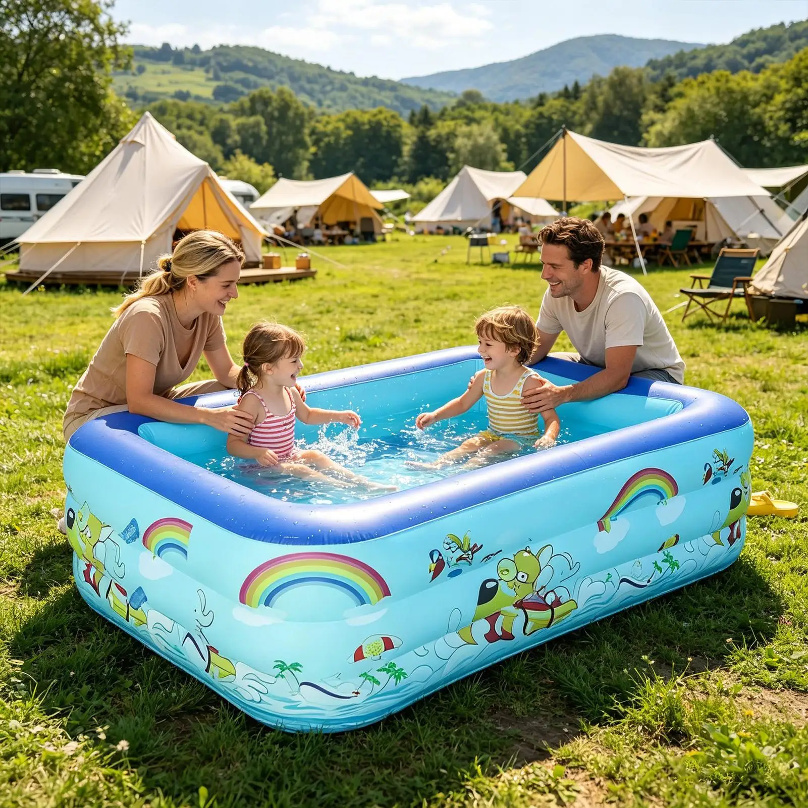 Young Kids Pool Inflatable Rectangle Safe Landing Inflating Kids Pool for Backyard for Students Girls Children Parents Backyard