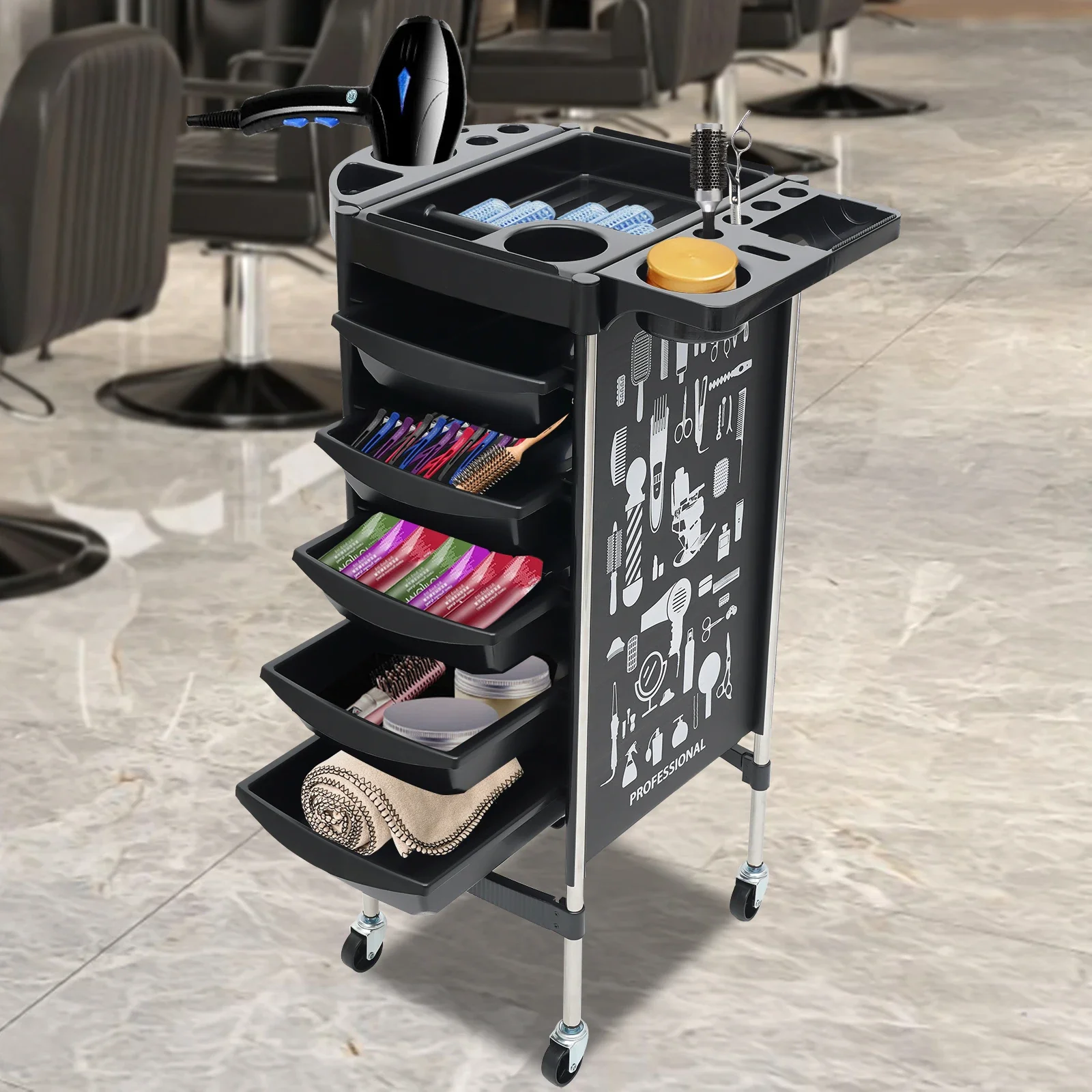 6-poziomowy wózek salonowy z uchwytem na suszarkę, uniwersalny wózek kosmetyczny z 5 szufladami do przechowywania, meble salonowe oszczędzające