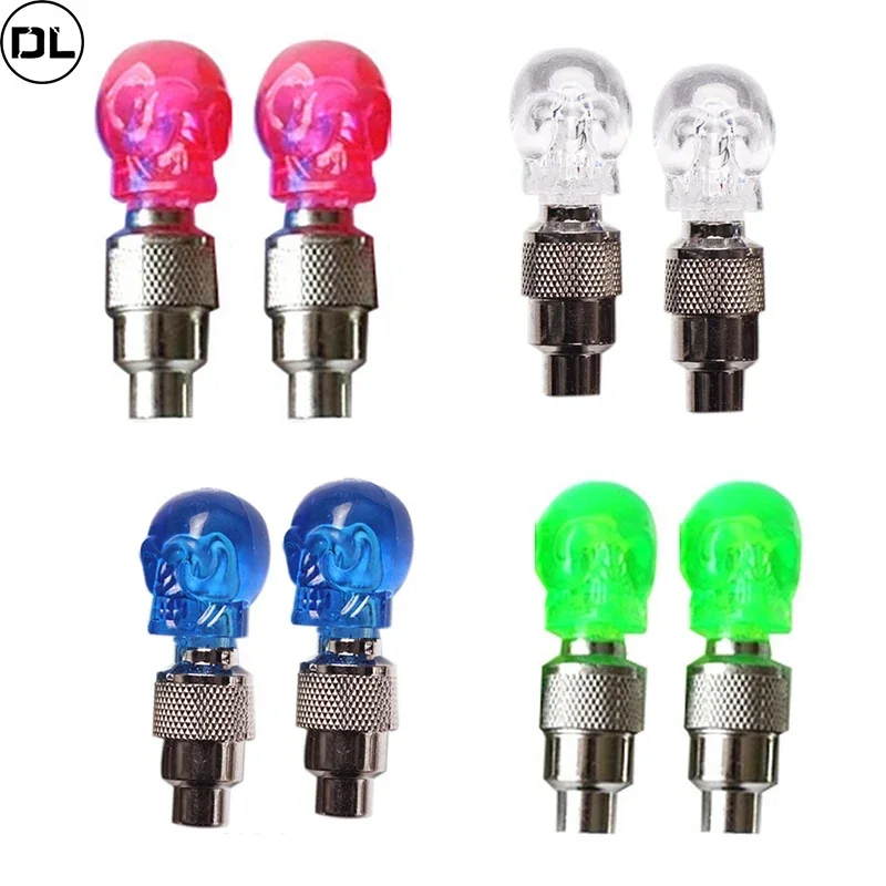 2PCS Wheel Spoke Tire Valve Cap for Bike Bicycle Motorcycle Car Gemstone Skull Shape Neon LED Light Lamp Bulb Polychrome
