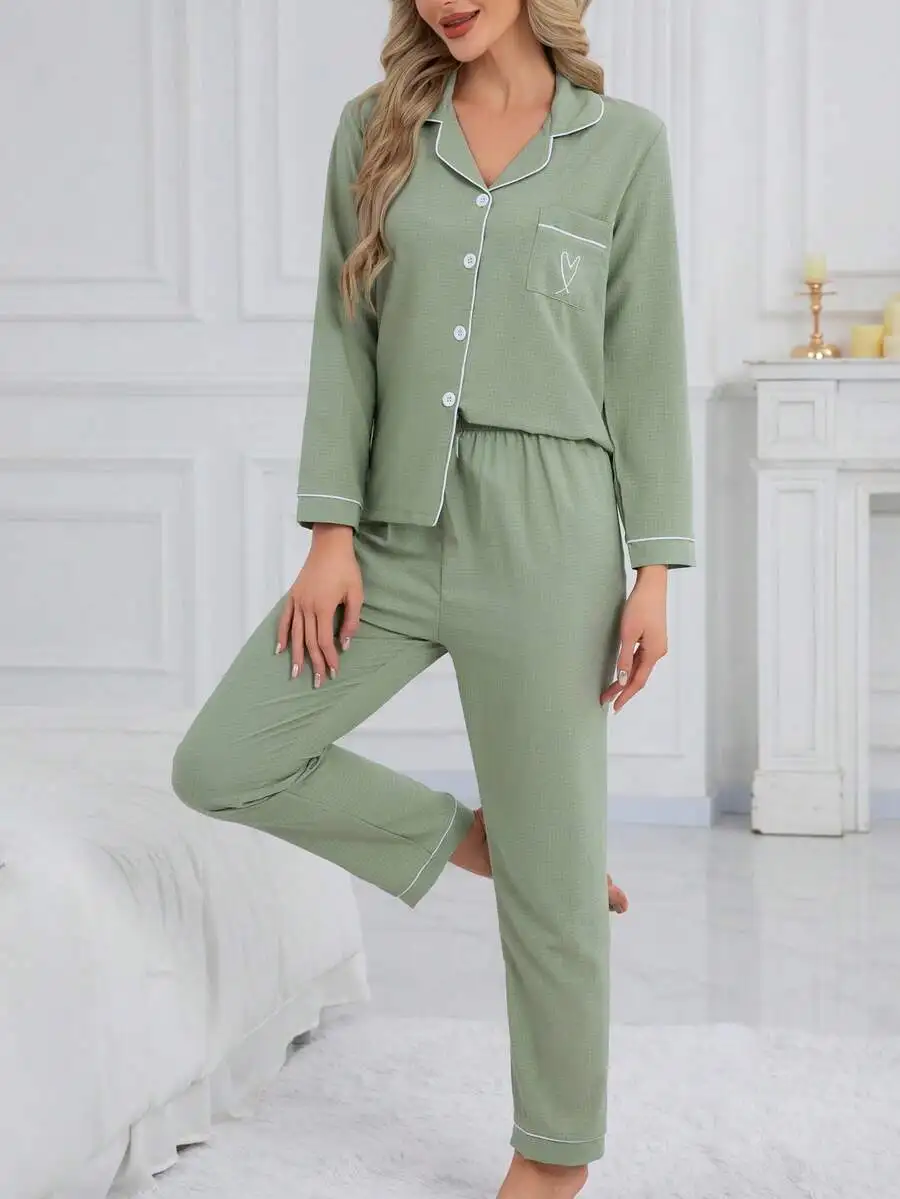 

Women 2pcs Long Sleeve Pajama Set With Embroidery Heart Casual Loose Sleepwear For Home Autumn Winter