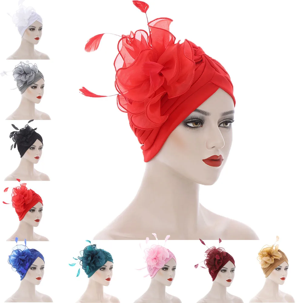 Lastest Feather Flower Turban Bonnet for African Headtie Women Muslim Hijab Headscarf Caps Wedding Party Headwear Turbante Mujer