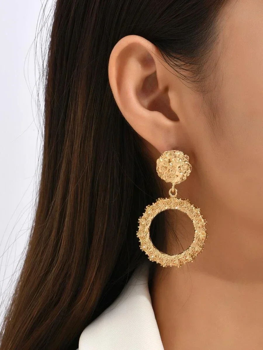 Boucles d'oreilles créoles en métal texturé pour femmes, boucles d'oreilles rondes, cercle, mode