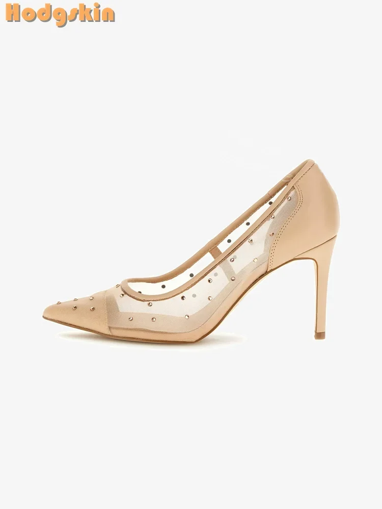 

Туфли-лодочки на шпильке с кристаллами и сеткой, однотонные туфли без шнуровки на тонком каблуке, офисные женские повседневные модельные туфли, новинка 2024, летняя мода