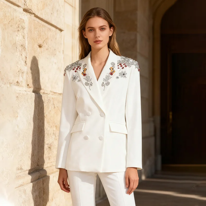 

Women's OL Style Slim-Fit Double-Breasted Blazer Long-Sleeve Diamond Inlaid Autumn Fashionable Business Suit Jacket