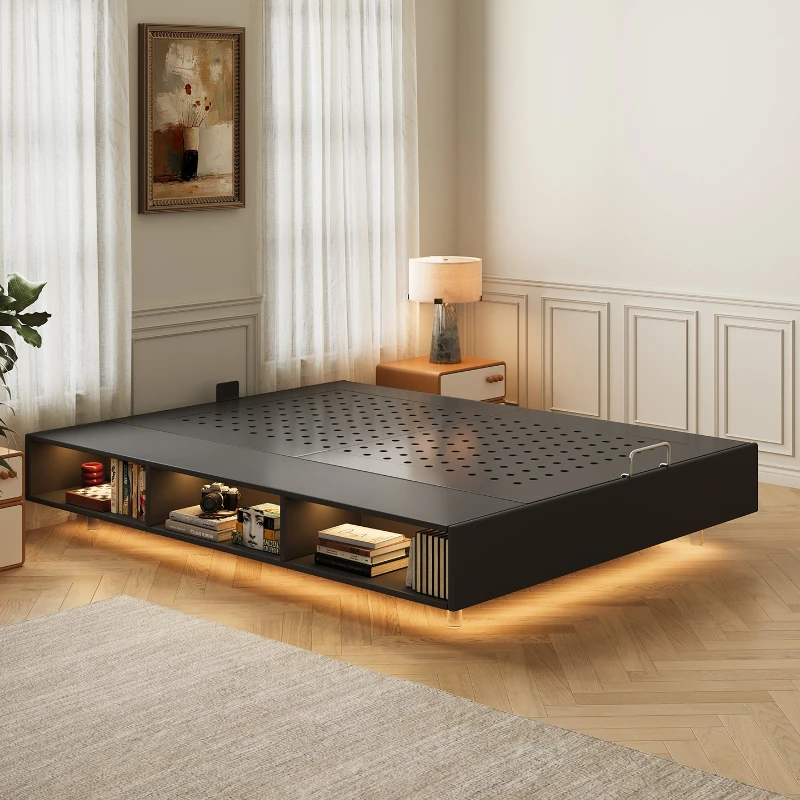 Bedroom carbon steel suspension bed wrought iron high box storage bed without bedside flush box drawer bed