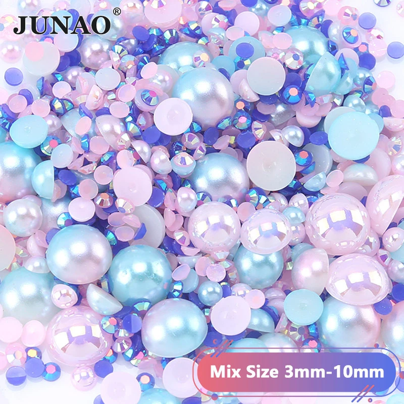 JUNAO 3mm-10mm 30g Mix Size Pink blue Color ABS Plastic Pearl Rhinestone Flatback Half Round Beads Glue On DIY Craft Decoration