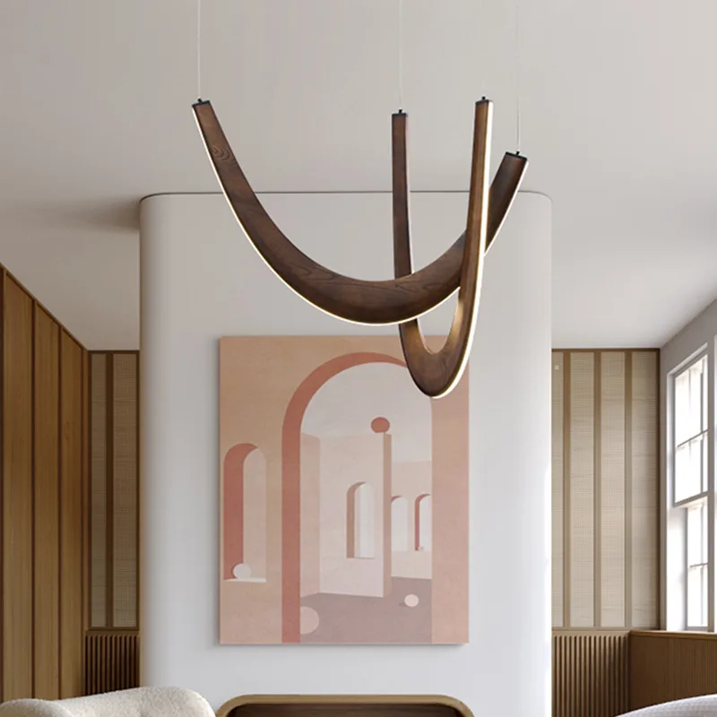 Modern U-shaped Wooden LED Pendant Lights Indoor Hanging Lamp Living Sitting Room Lobby Kitchen Island Dining Living Room Office