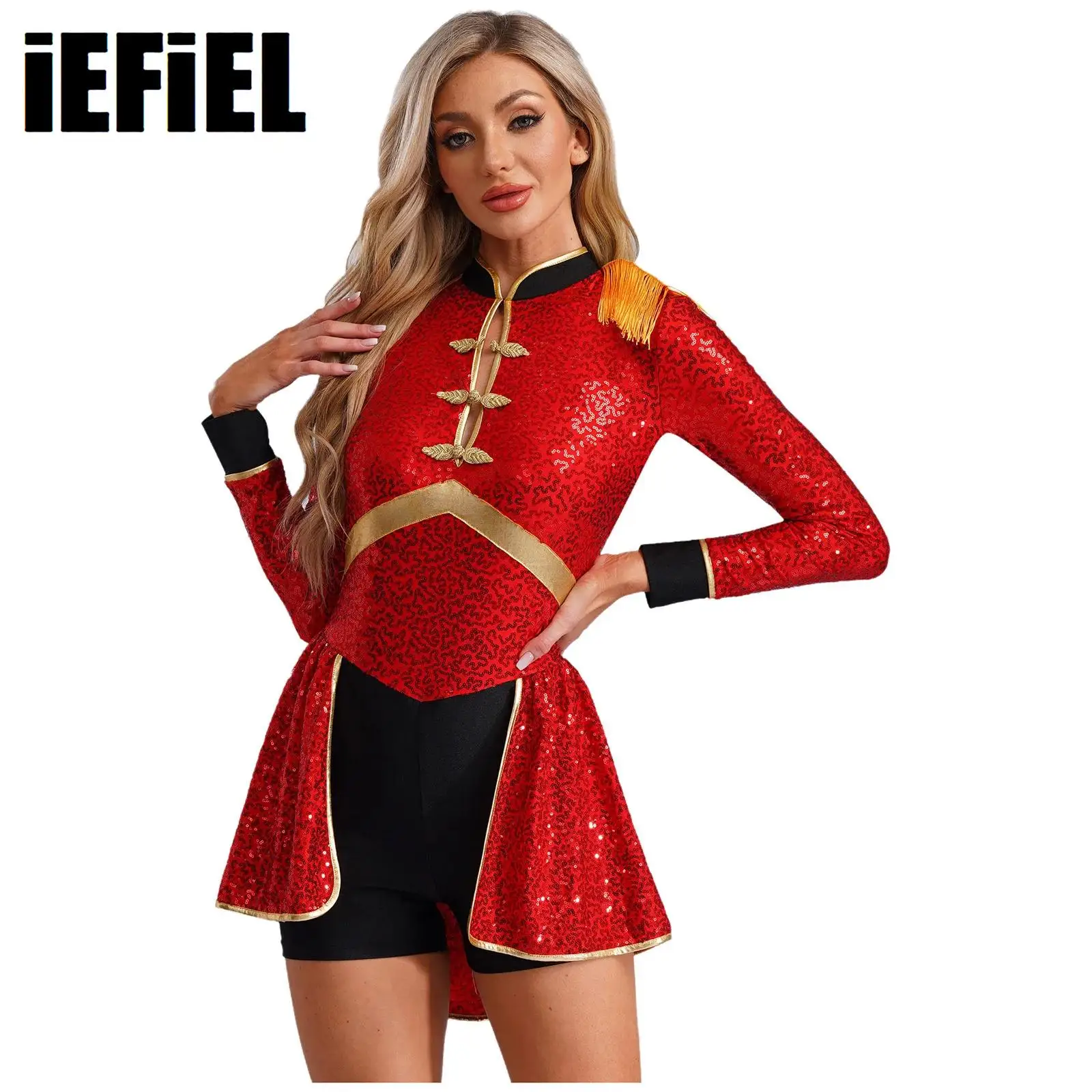 

Women Sequins Magician Bodysuit Ringmaster Circus Drummer Cosplay Costume Long Sleeve Fringe Epaulet Halloween Carnival Bodysuit