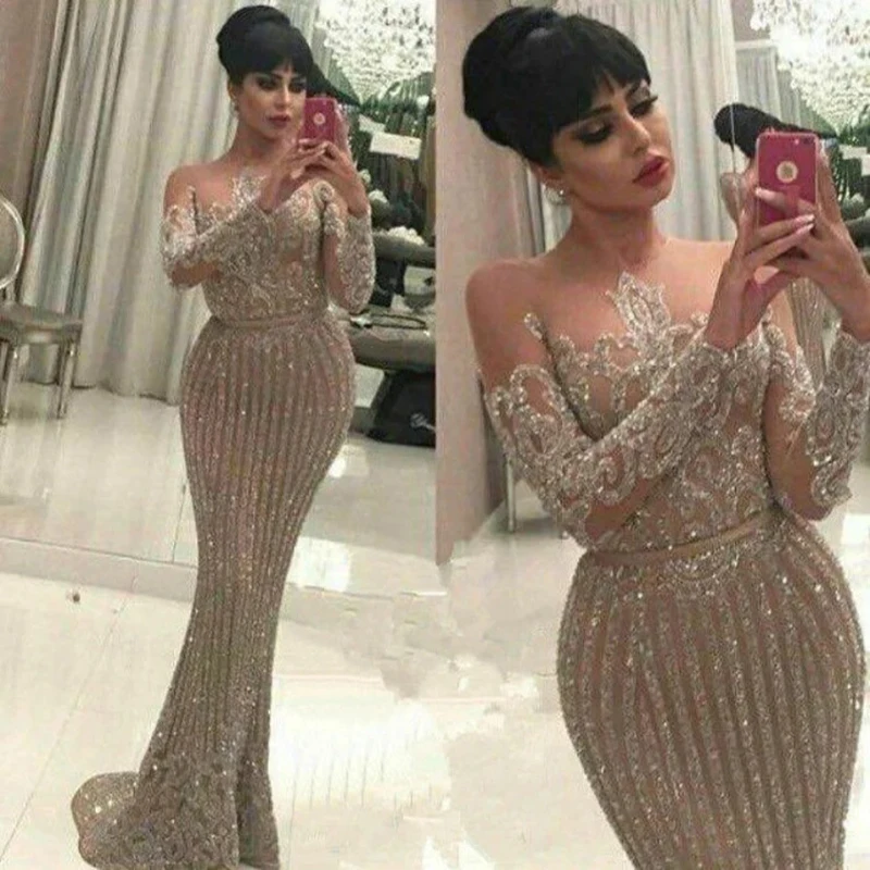 Luxury Women Golden Sequined Prom Dress Classic Long Sleeves Bodycon Party Dress Elegant Mermaid Formal Occasion Evening Dress