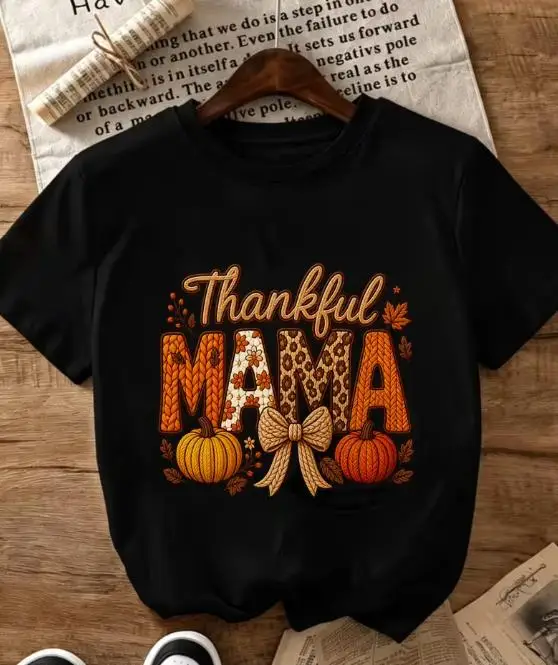 Women Thankful Mama Graphic Short Sleeve T Shirt Preppy Style Campus Outfit Round Neck Tee Pumpkin Bow Leopard Print Thanksgiving Party Casual Wear