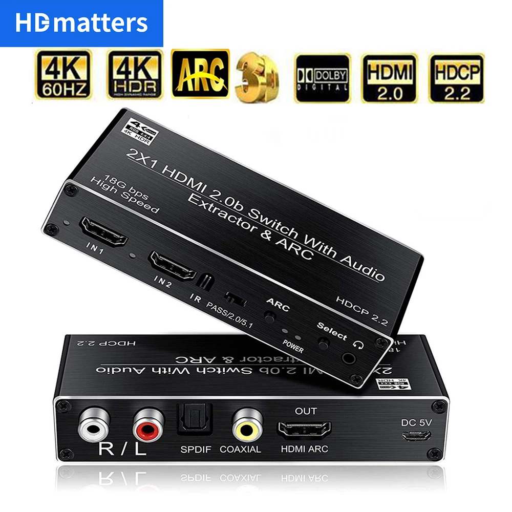 2 port HDMI 2.0 audio extractor for PS5 4K 60Hz 5.1Ch HDMI2.0b HDMI ARC Switch with audio toslink stereo HDCP 2.2 4K 60Hz