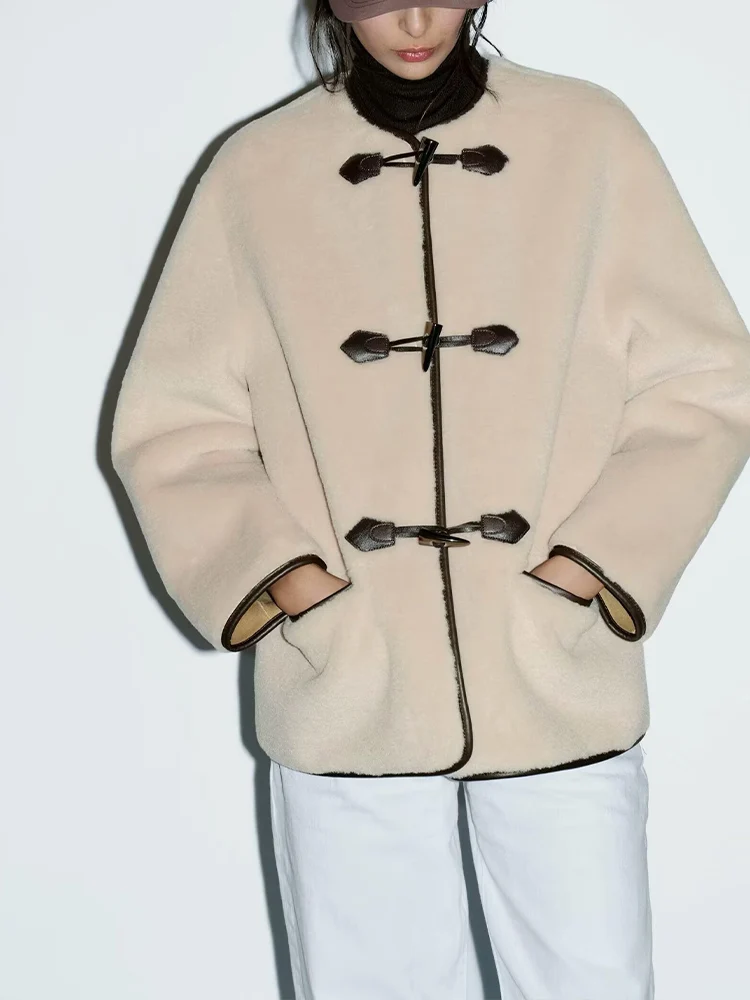 

2025 Women's Autumn/Winter New Arrivals: European and American Style Rope Knot Button-Embellished Faux Fur Effect Coat