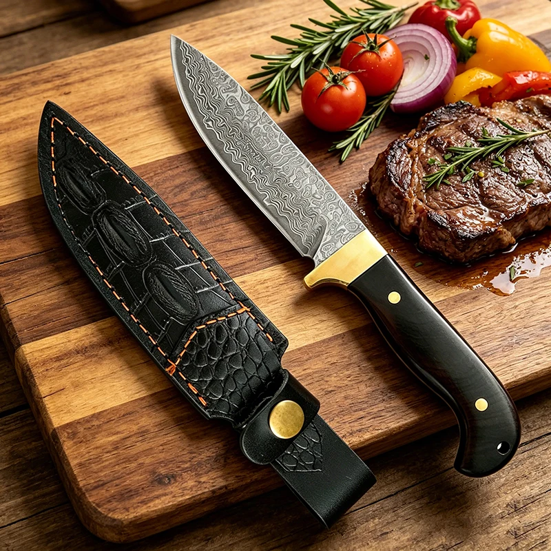 Damascus Steel Kitchen Utility Knife Hand Forged Chef Steak BBQ Knife with Sheath Meat Fruit Vegetable Paring Fishing Cutting T