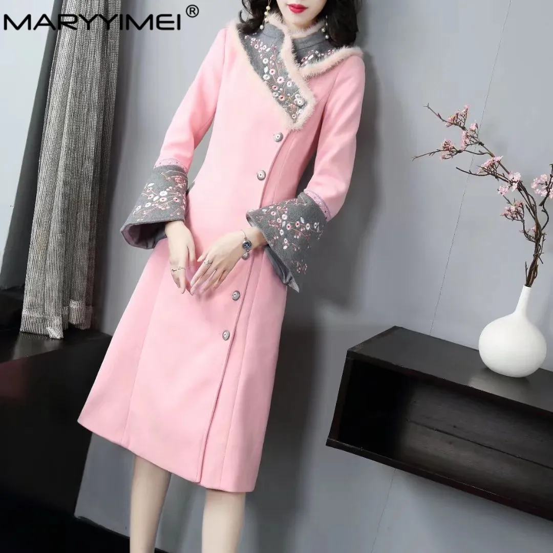 MARYYIMEI Fashion Designer Woolen coat Winter Women Rabbit fur collar Long sleeve Embroidery Elegant Keep warm Overcoat