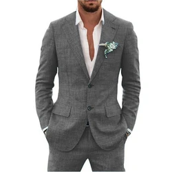 Slub-traje completo de tela de algodón y lino para hombre, conjunto de 2 piezas con cuello de solapa, una sola botonadura, Blazer elegante de alta calidad