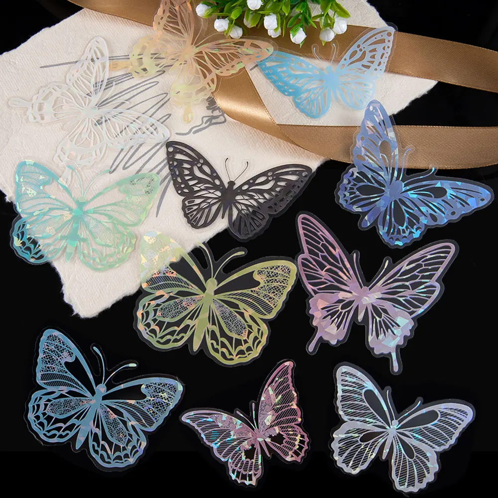 

20pcs Laser Butterfly Sticker PET Transparent Decorative Decal Retro Diy Handbook Material Scrapbook Label Diary Journal Planner