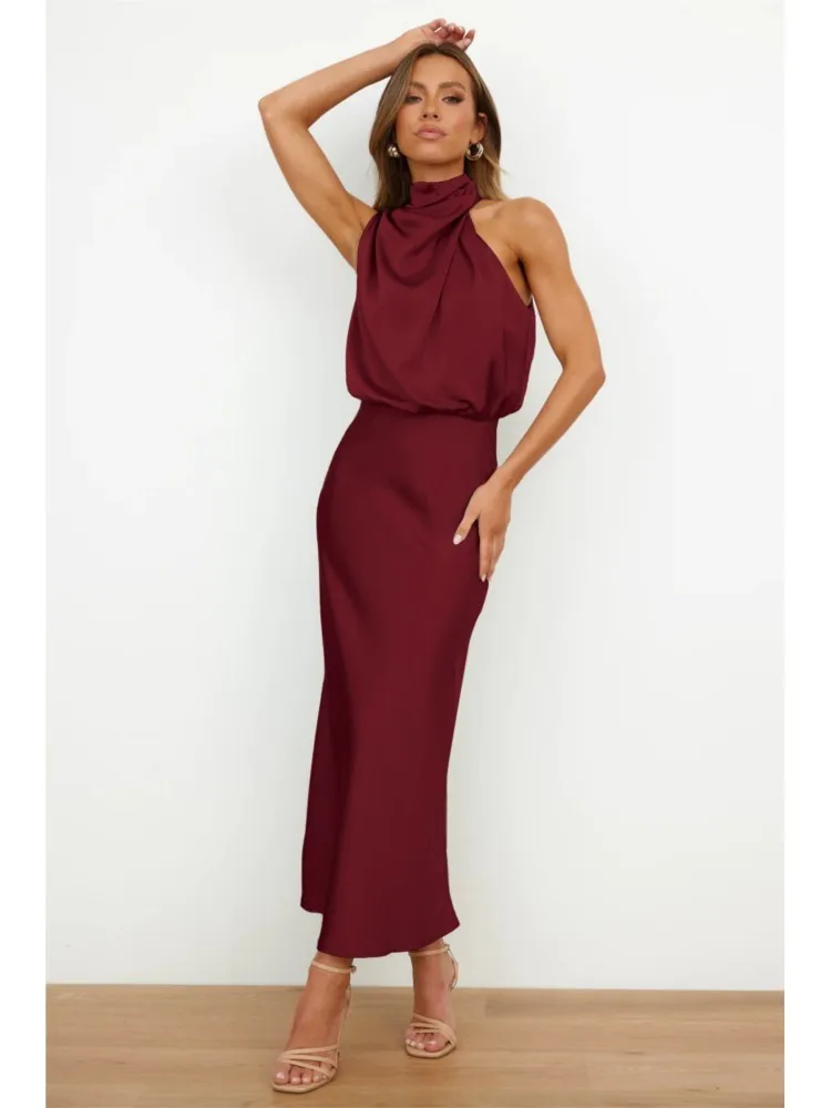 Sexy Sleeveless Satin Maxi Dresses For Women 2023 Fashion Slim Solid O Neck Long Dress Elegant Vestidos