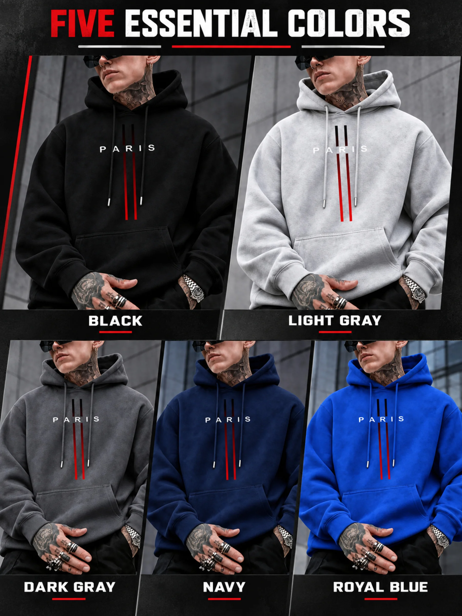 Men's Hoodie, Winter Sale, Paris Text Print, Pullover Sweatshirt, Streetwear Style, Casual Outdoor Wear, Red Stripe Detail
