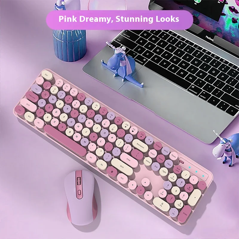 

Wireless Keyboard Mouse Set For Women Office Use Silent Vintage Cute Pink Design High Aesthetic Value Computer Peripheral