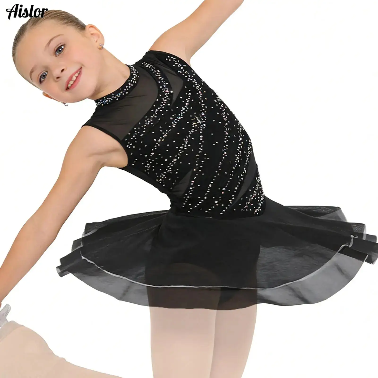 

Kids Girls Sparkly Rhinestones Ballet Dance Jersey Mesh Skirted Unitards Bodysuit Gymnastics Figure Skating Lyrical Costume