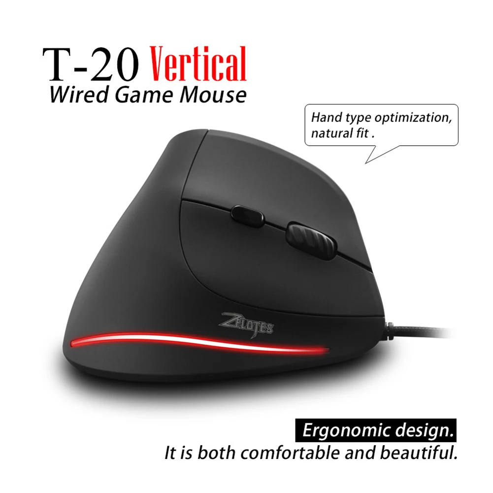 ZELOTES T20 USB Wired Vertical Optical 4 Gears 3200 DPI 6 Buttons Gaming Mouse Laptop Computer Ergonomic Mice Silent view 4