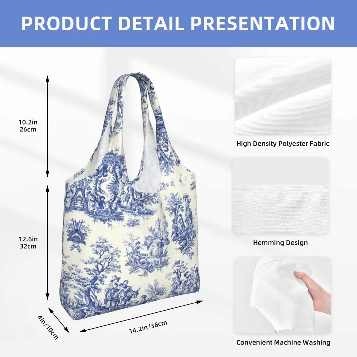 Custom French Navy Blue Toile De Jouy Motif Shopping Bag Canvas Shoulder Tote Bag Portable Traditional Groceries Shopper Bags