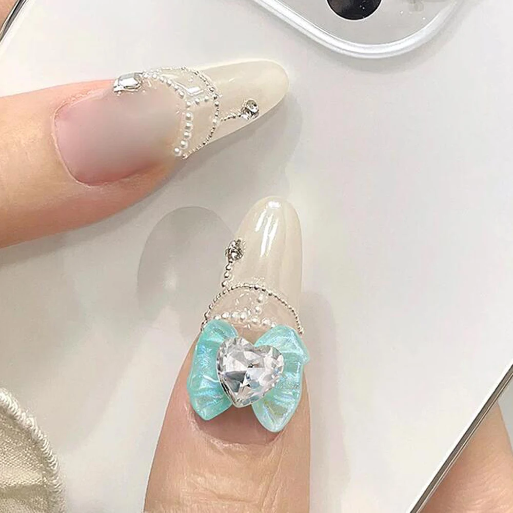 10pcs 3D Heart Diamond Bowknot Nail Charms Ice Transparent Bow Nail Art Decorations 13.5*12.5mm Love Gems Ribbon Nails Supplies
