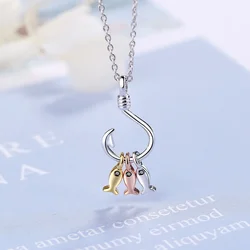 LIhong S925 Sterling Silver Women's Fishhook Three Fish Bite Hook Pendant Necklace (40cm + 3.5cm) Luxury Jewelry