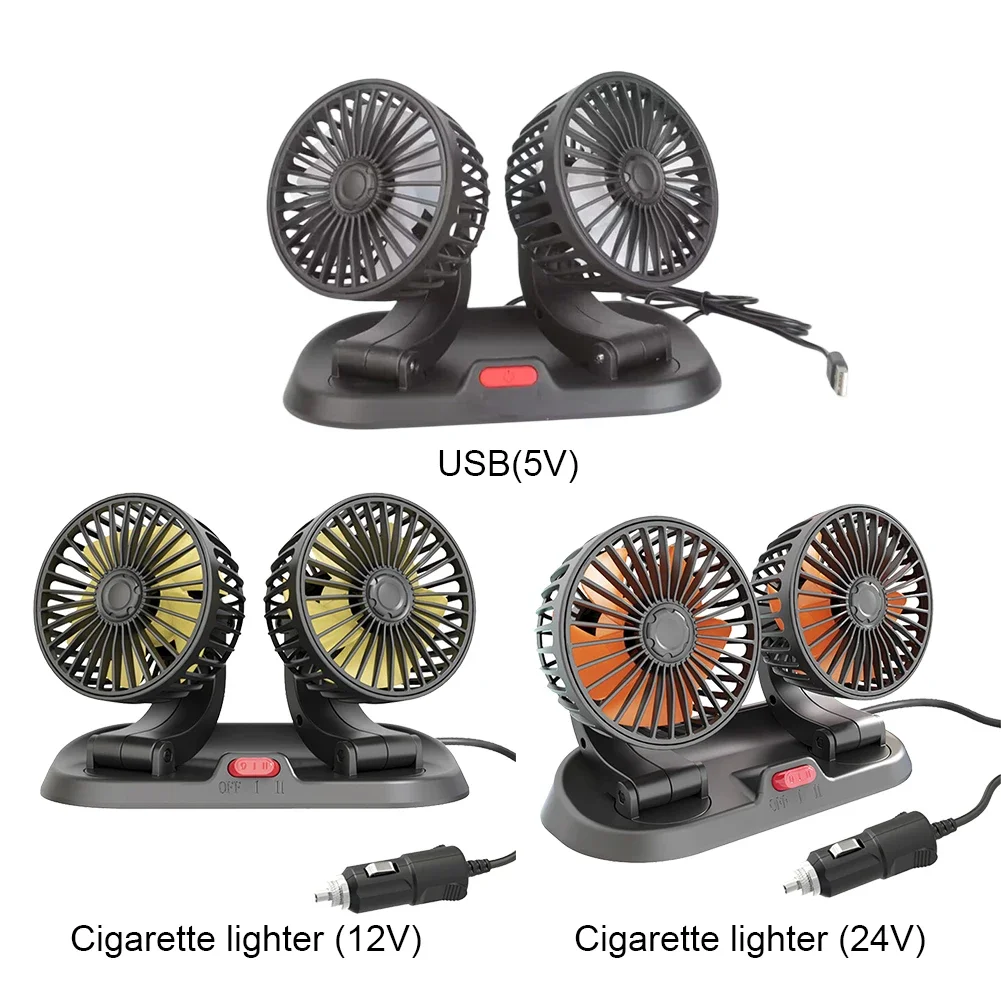 

5/12/24V Electric Car Fan Dual Head Mini Air Circulators 360 Rotatable 2 Speed USB for Car Truck SUV