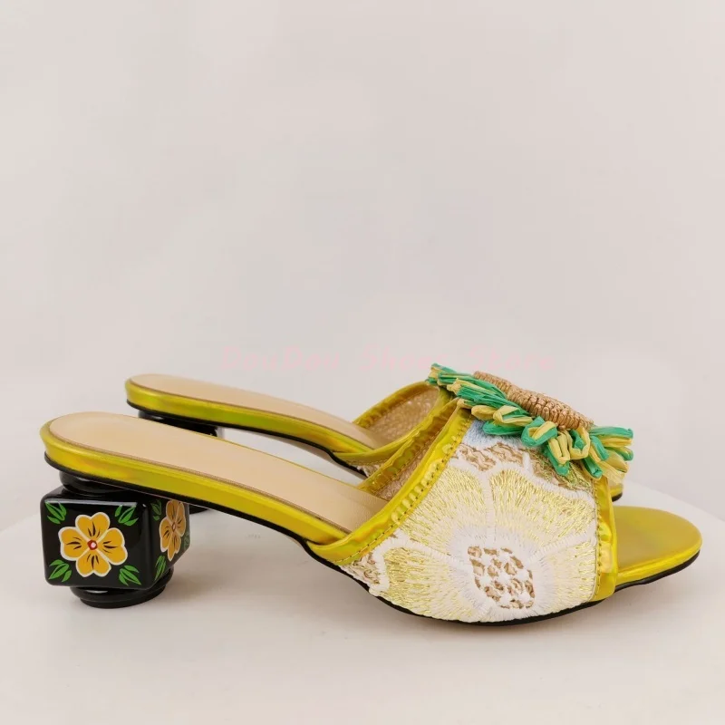 Yellow Lace Embroider Floral Sunflower Decor Sandals Women Square Toe Slip On Slippers Fashion Sweet Beach Causal Dress Shoes