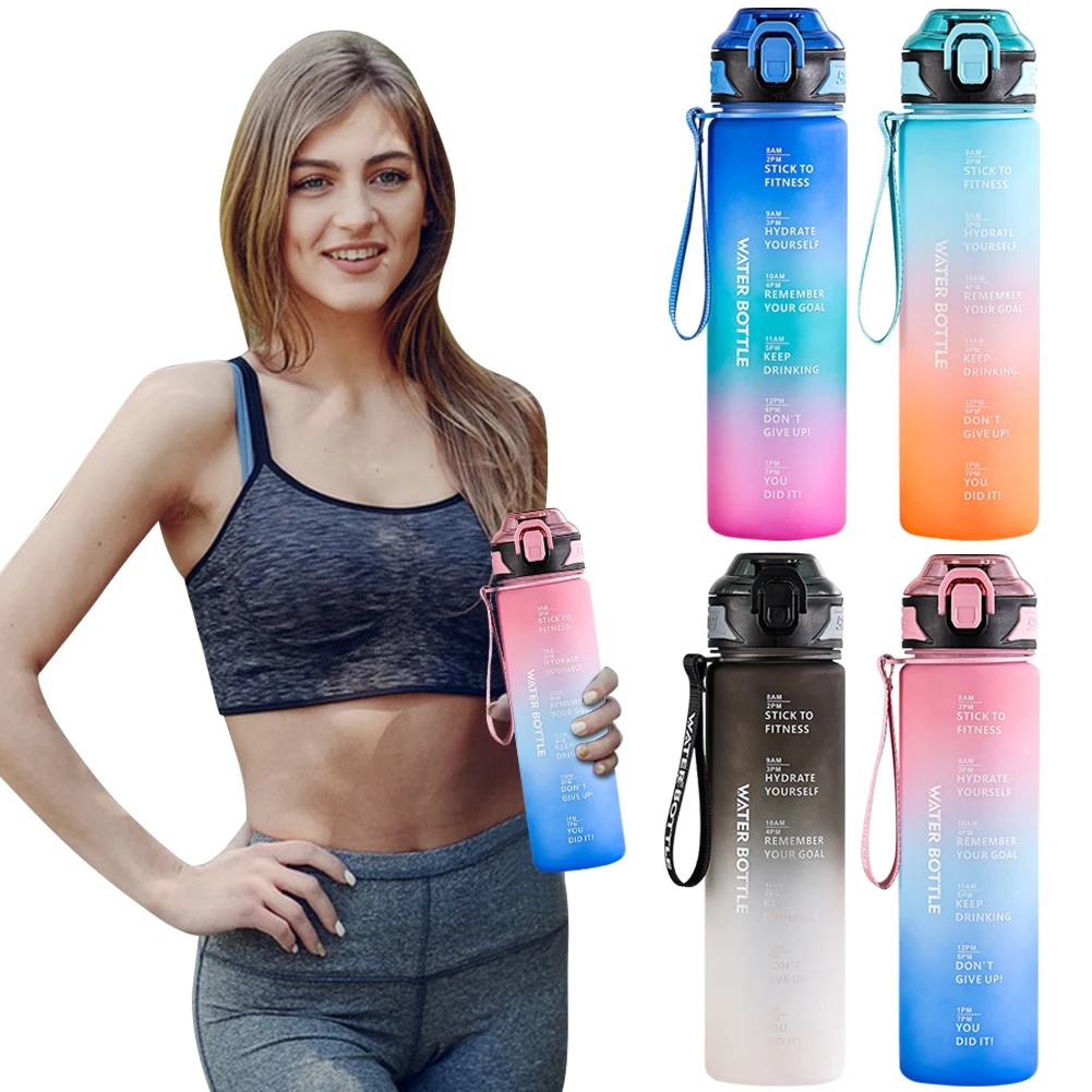 1L Water Bottle Leakproof Gradient Matte Motivational Water Bottle with Time Marker Drinking Water Bottle for Sports Gym Travel