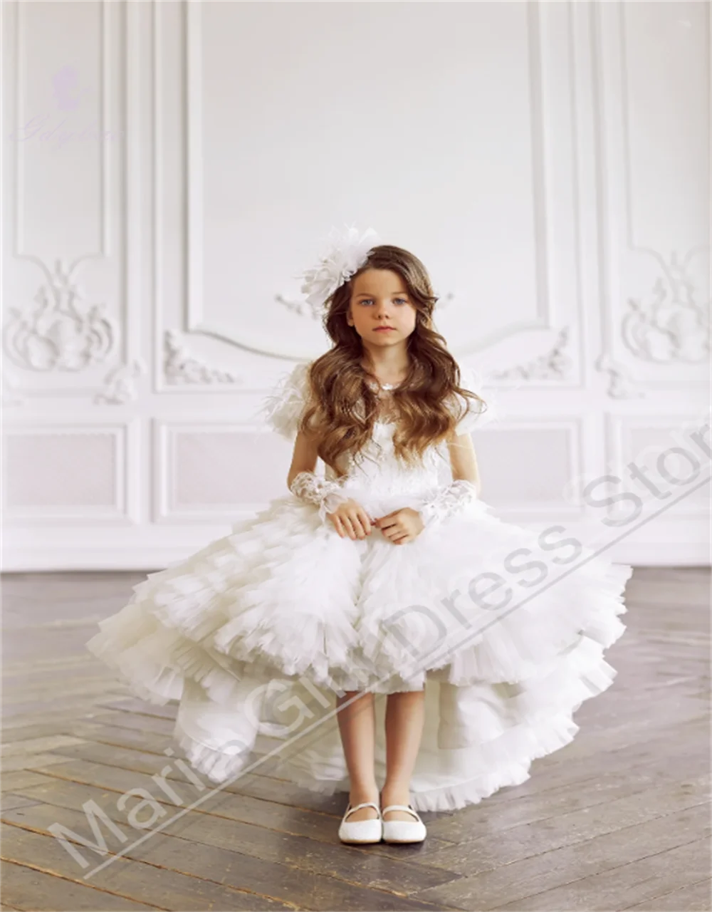 

Белое красивое платье с цветочным узором для девочек на заказ, пышное асимметричное платье с оборками для первого времени, детское платье для дня рождения