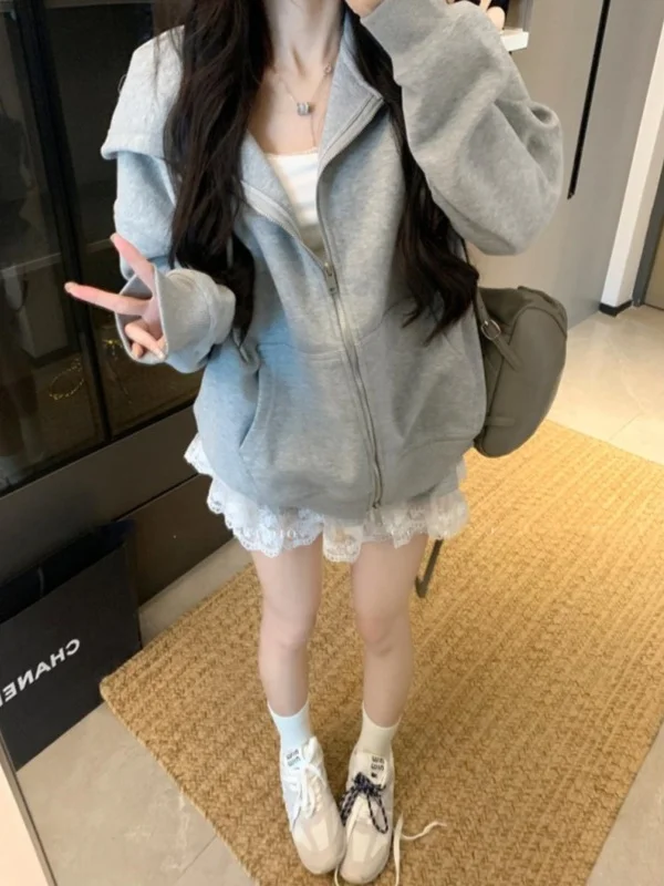 

Loose Long Sve Hoodie Women's ey Pure Desire Sle Korean Faion Autumn New Small Size Sweet And Spicy Open Cardigan Ja...