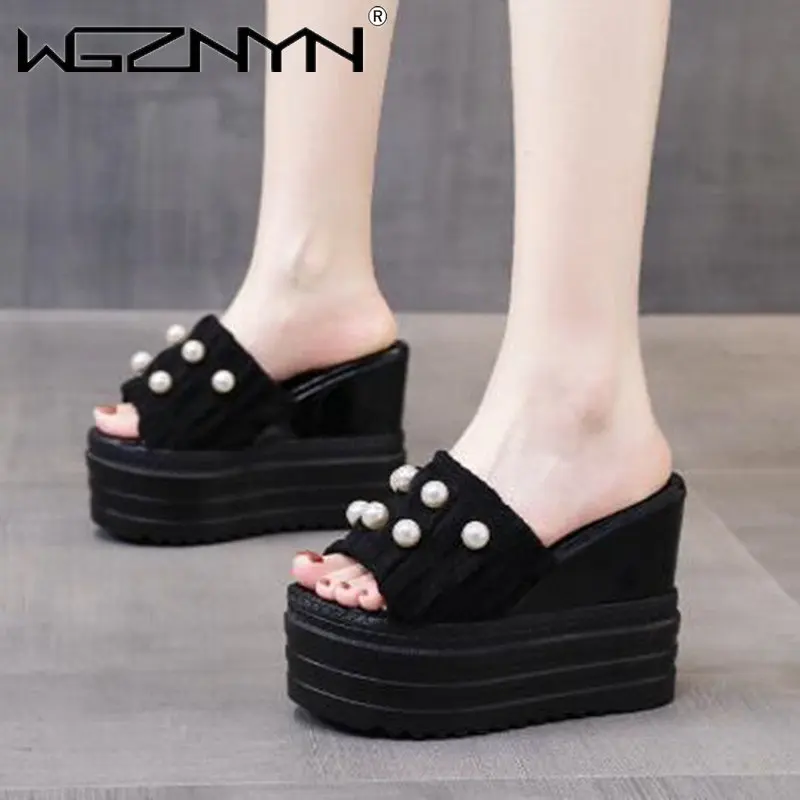 Shoes Woman\'s Slippers Luxury Slides Platform on A Wedge String Bead Heeled Mules 2023 Summer Designer High Rome Fashion Sandals