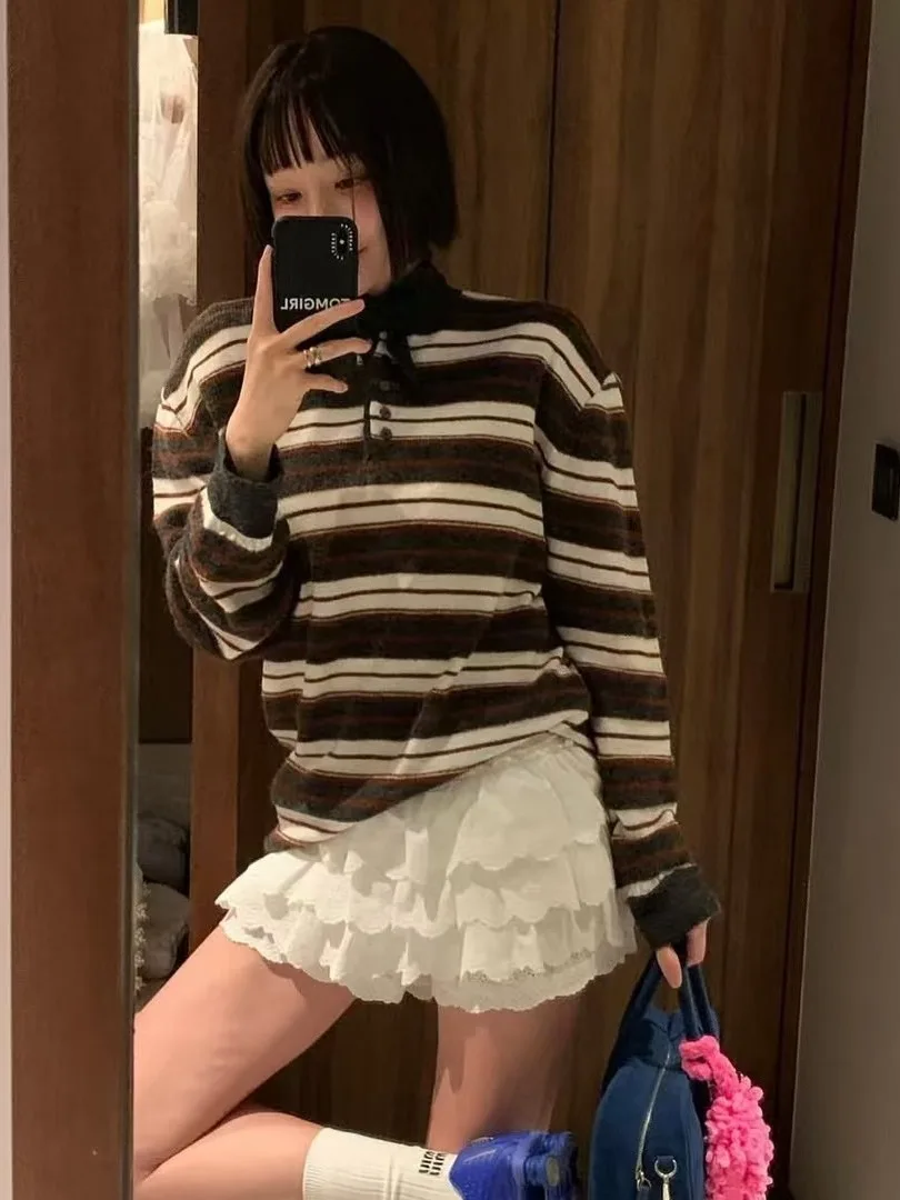 Faionable Maglione lavorato a maglia da donna Colletto arp Striscia sopra la testa Sciolto Versatile Casual Inverno Faion Chic Design Sense