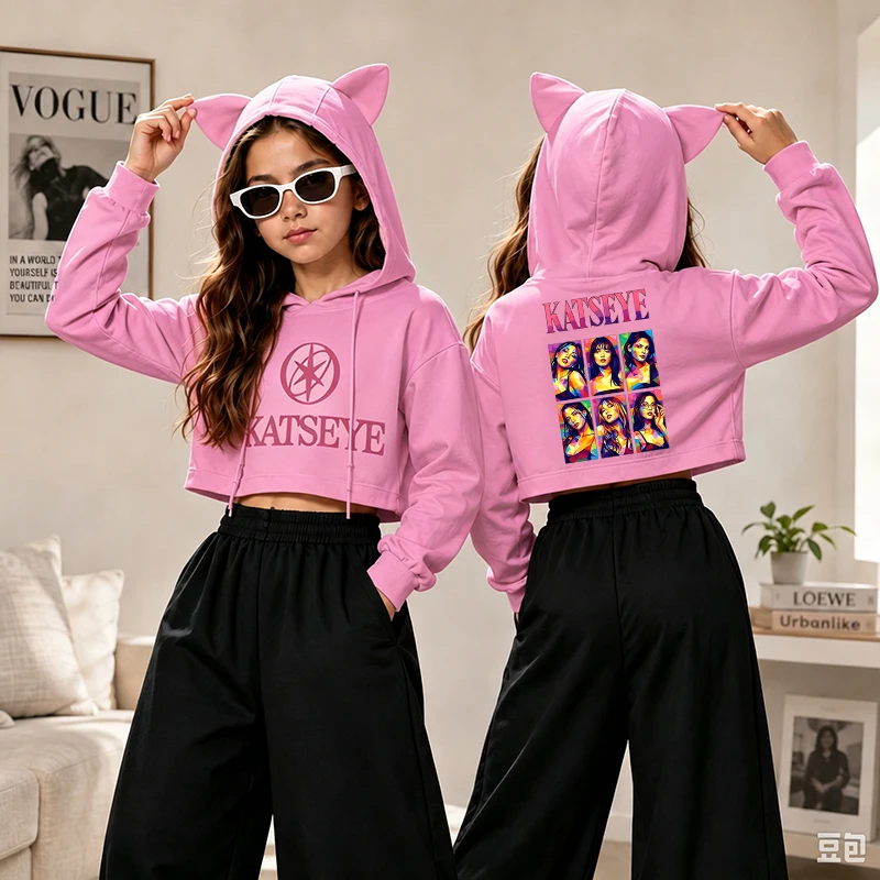 2026 Katseye Tour Concert Cartoon Hoodie Kids Vintage Katseye Cute Cat Ears Crop Tops Casual Long Sleeve Katseye Girls Hoodies